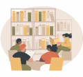 people sitting in a library with books